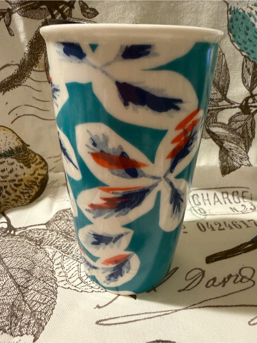 Starbucks Teal Floral Ceramic Mug with Navy & Orange Accents